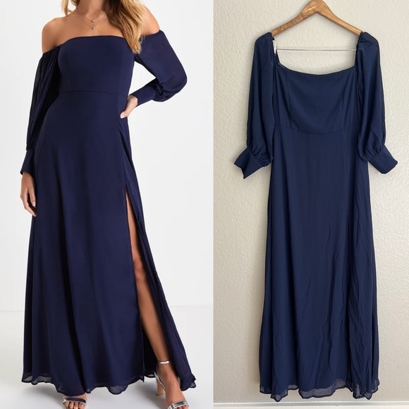 NWOT Feel the Romance Navy Blue Off-the-Shoulder Maxi Dress - Picture 1 of 8